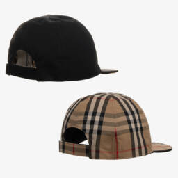 Burberry-Black & Beige Check Reversible Baby Cap | Childrensalon