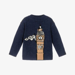 Burberry-Boy Blue Wool Knit Sweater with Big Ben Graphic | Childrensalon