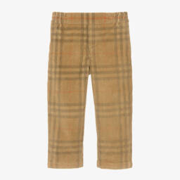 Boys Beige Check Cotton Corduroy Trousers