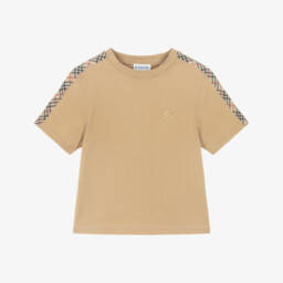 Boys Beige Cotton T-Shirt with Check Trim & EKD Logo