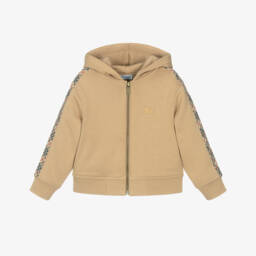 Boys Beige Cotton Zip-Up Hoodie with Check Trim & EKD Logo
