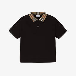 Boys Black Cotton Check Polo Shirt