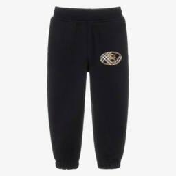 Boys Black Cotton Joggers with Check Knight Stamp