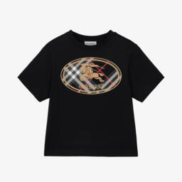 Boys Black Cotton T-Shirt with Check Knight Stamp