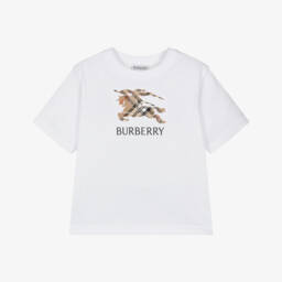 Burberry-Boys White Cotton T-Shirt with Beige Check EKD Appliqué | Childrensalon
