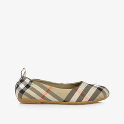 Burberry-Girls Beige Check Ballerina Pumps | Childrensalon