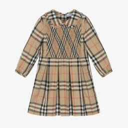 Burberry-Girls Beige Check Shirred Poplin Dress | Childrensalon