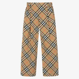 Girls Beige Check Wide Leg Cotton Trousers