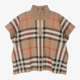 Burberry-Girls Beige Check Wool Cape | Childrensalon