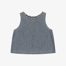 Girls Blue Chambray Sleeveless Top with Check Trim