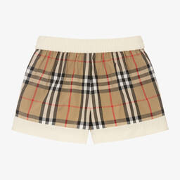 Burberry-Girls Ivory & Beige Checked Shorts | Childrensalon