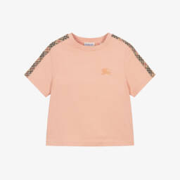 Girls Pale Pink Cotton T-Shirt with Check Tape
