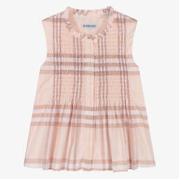 Girls Pink Check Sleeveless Cotton Blouse