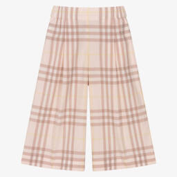 Girls Pink Check Wide Leg Cotton Trousers