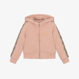Girls Pink Cotton Zip-Up Hoodie with Check Trim & EKD Logo