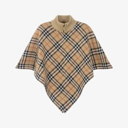 Girls Sand Beige Checked Wool Cape