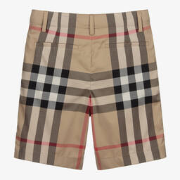 Burberry-شورت تينز ولادي قطن ستريتش كاروهات لون بيج | Childrensalon