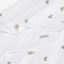 Burberry-White Cotton Thomas Bear Baby Blanket (100cm) | Childrensalon