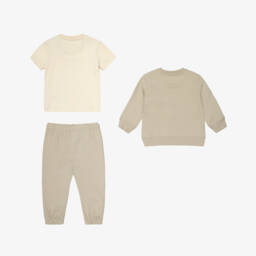 Calvin Klein-Beige Cotton Tracksuit & T-Shirt Set with Monogram Logo | Childrensalon