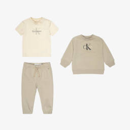 Calvin Klein-Beige Cotton Tracksuit & T-Shirt Set with Monogram Logo | Childrensalon