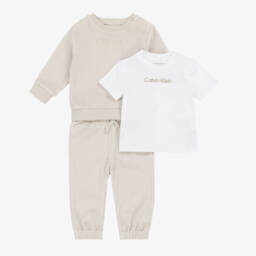 Calvin Klein-Beige Velour Baby Tracksuit Set | Childrensalon