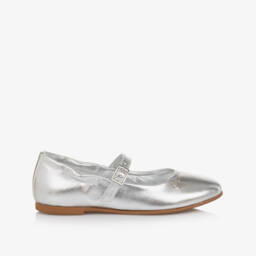 Calvin Klein-Girls Metallic Silver Faux Leather Shoes | Childrensalon