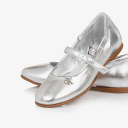 Calvin Klein-Girls Metallic Silver Faux Leather Shoes | Childrensalon