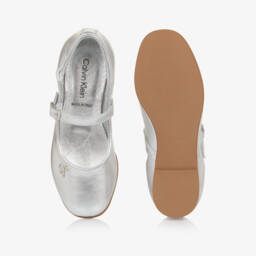 Calvin Klein-Girls Metallic Silver Faux Leather Shoes | Childrensalon