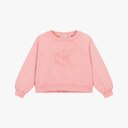 Girls Pink Cotton Sweatshirt with CK Monogram Appliqué