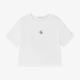 Calvin Klein-Girls White Boxy Cotton T-Shirt | Childrensalon