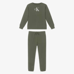 Calvin Klein-Khaki Green Cotton Monogram Logo Tracksuit | Childrensalon