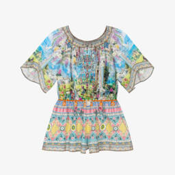 CAMILLA-Girls Blue Cotton Playsuit with Garden Print | Childrensalon