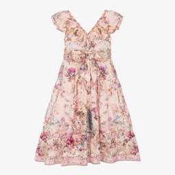 CAMILLA-Girls Pink Cotton Floral Dress with Ruffles & Bow | Childrensalon
