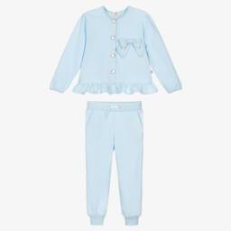 Caramelo Kids-Girls Blue Cotton Bow Tracksuit | Childrensalon