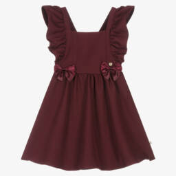 Girls Burgundy Red Pinafore Dress with Ruffles & Bows