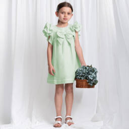 Caramelo Kids-Girls Green Linen & Cotton Dress | Childrensalon