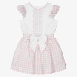Girls Pink & White Gingham Cotton Skirt Set