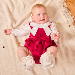 Caramelo Kids-Girls Red Dungaree Babysuit Set with Bow Headband | Childrensalon