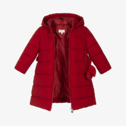 Caramelo Kids-Girls Red Hooded Puffer Coat with Bow Belt | Childrensalon