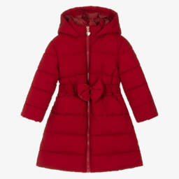 Caramelo Kids-Girls Red Hooded Puffer Coat with Bow Belt | Childrensalon