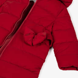 Caramelo Kids-Girls Red Hooded Puffer Coat with Bow Belt | Childrensalon