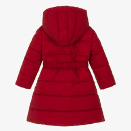 Caramelo Kids-Girls Red Hooded Puffer Coat with Bow Belt | Childrensalon
