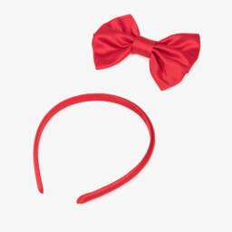 Caramelo Kids-Girls Red Satin Dress & Hairband Set with Bows & Diamantés | Childrensalon