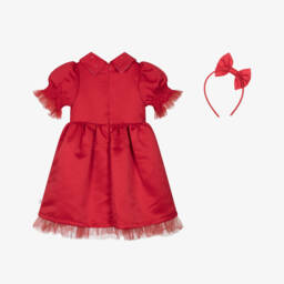 Caramelo Kids-Girls Red Satin Dress & Hairband Set with Bows & Diamantés | Childrensalon