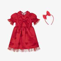 Caramelo Kids-Girls Red Satin Dress & Hairband Set with Bows & Diamantés | Childrensalon