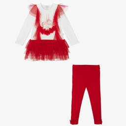 Caramelo Kids-Girls Red & White Cotton Leggings Set | Childrensalon