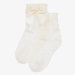 Carlomagno-Girls Ivory Cotton Socks With Satin Bow | Childrensalon