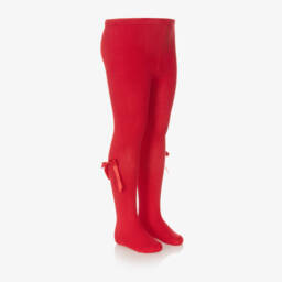Carlomagno-Girls Red Cotton Bow Tights  | Childrensalon