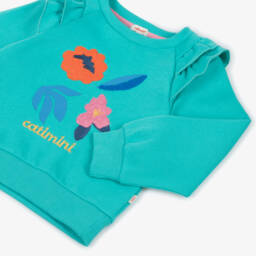 Catimini-Girls Aqua Green Cotton Logo Sweatshirt with Floral Embroidery | Childrensalon