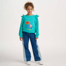 Catimini-Girls Aqua Green Cotton Logo Sweatshirt with Floral Embroidery | Childrensalon